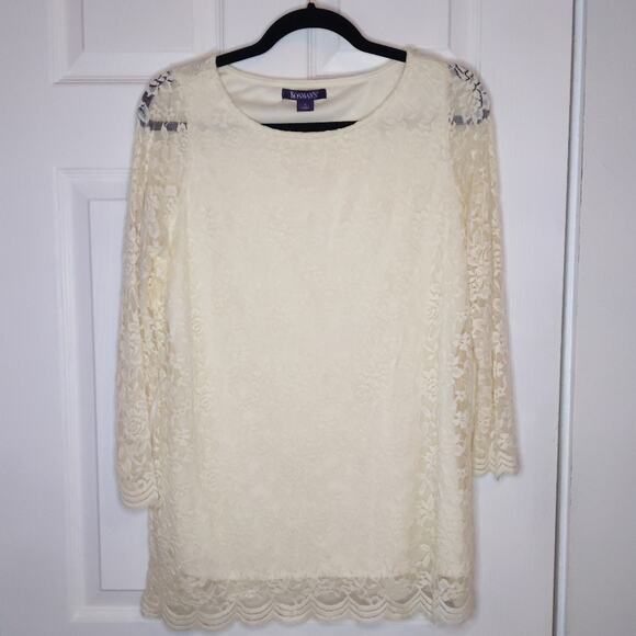 Roaman's Ivory Cream Lace Long Sleeve Blouse Top Size S 12 - Picture 2 of 13